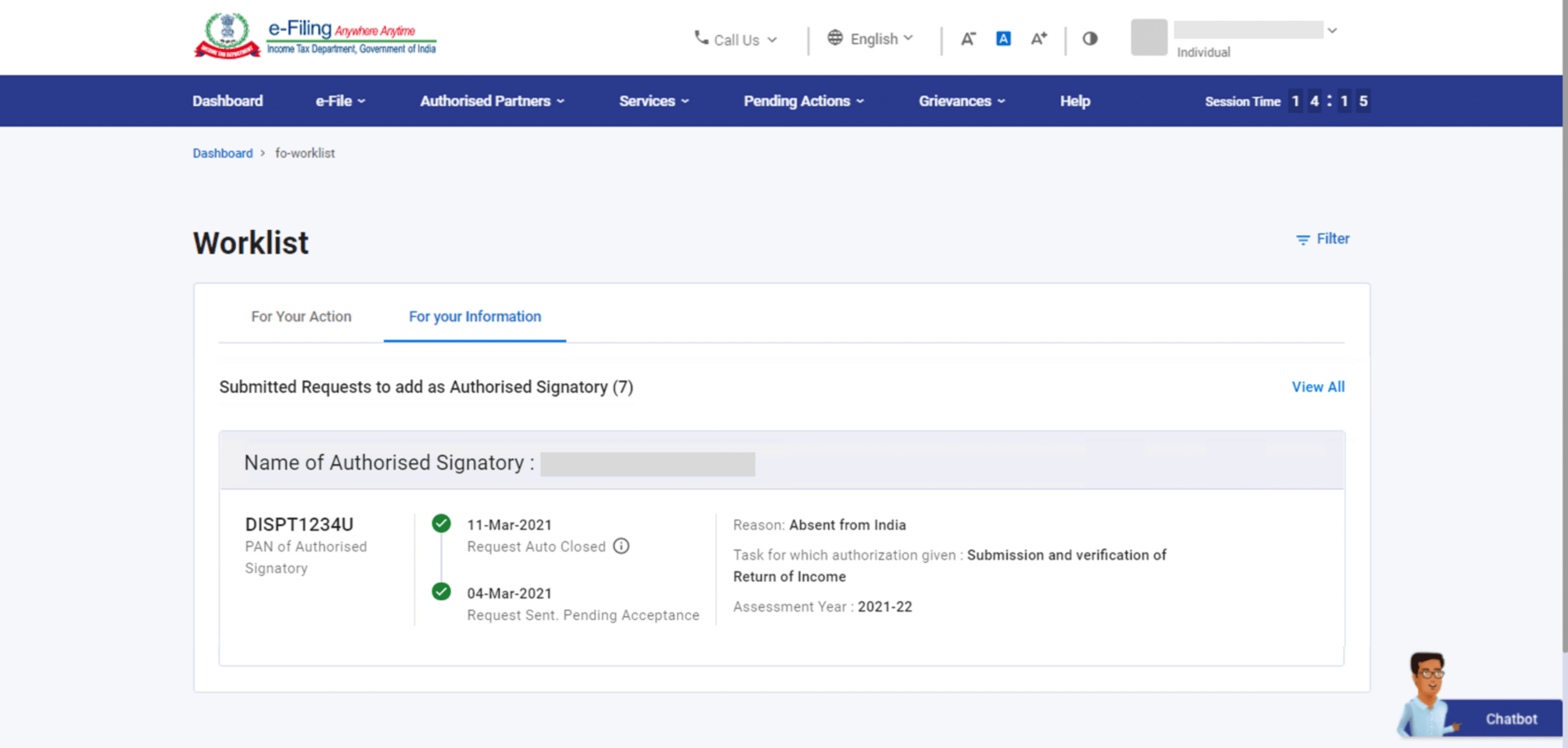 Submitted Requests for Authorized Signatory