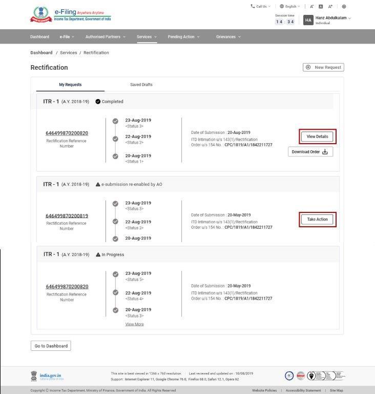 View Rectification Status User Manual | Income Tax Department